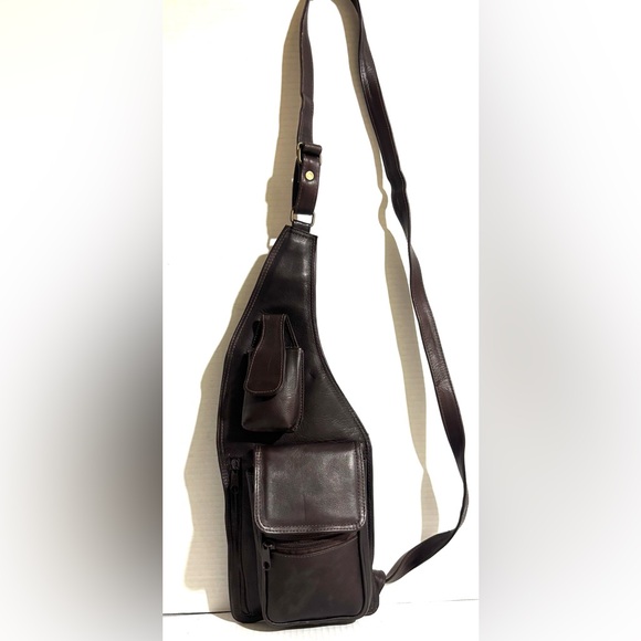 Vintage Dark  unsiex Brown Leather Sling shoulder Bag - Picture 4 of 8